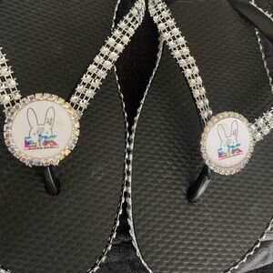 Black and Silver Flip Flops with Crystal Accents